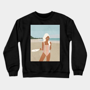 Girl on the beach, Woman, Mid century art Crewneck Sweatshirt